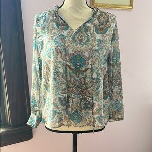 LOFT Blue and Green Graphic 3/4 Sleeve Blouse